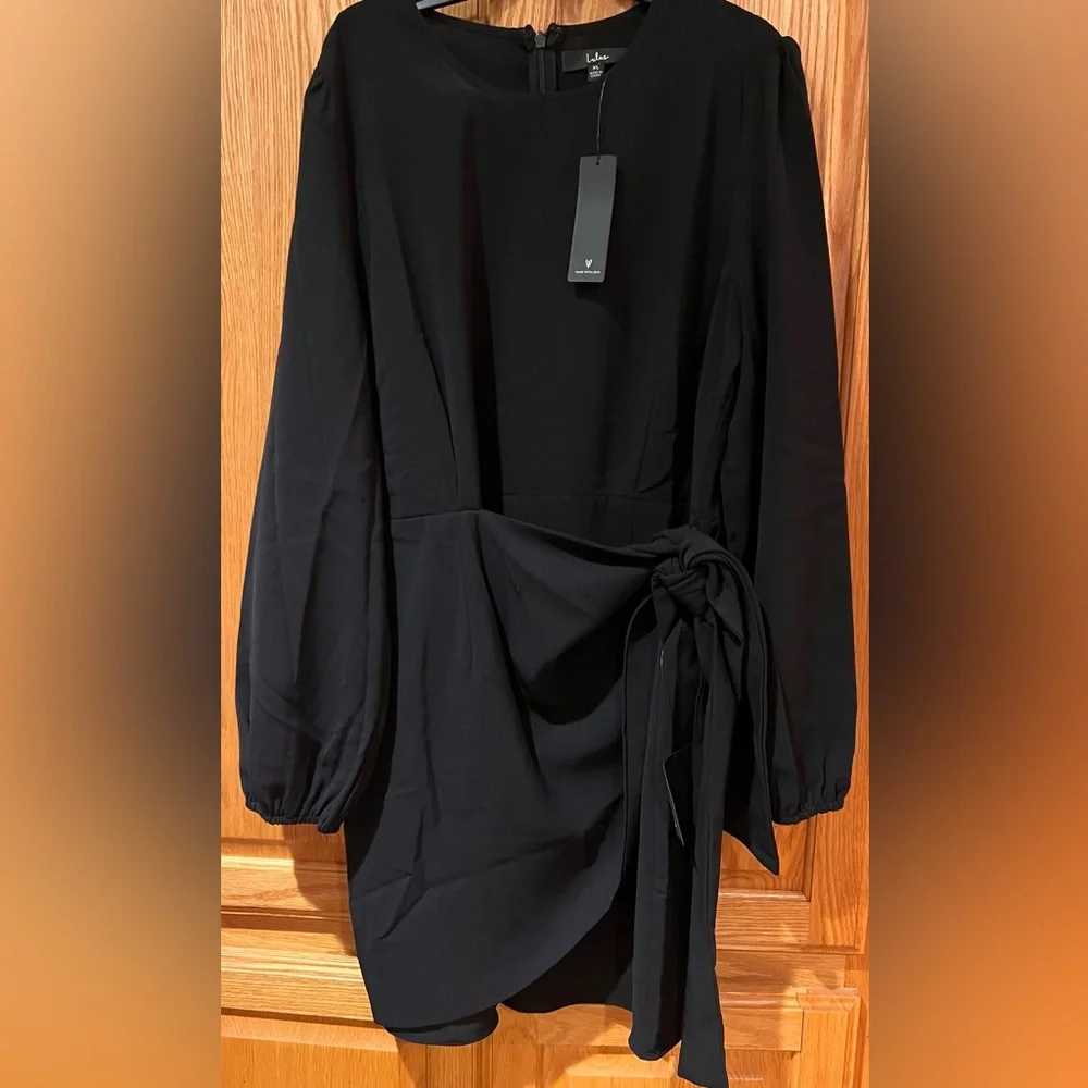 Lulus Believe It or Knot Black Long Sleeve Tie-Front Skater Mini‎ Dress Size XL - Picture 5 of 11